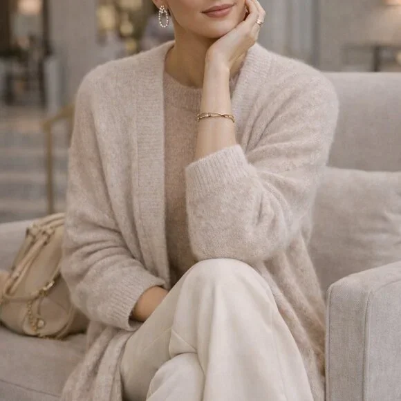 NWOT Wool Blend Oversized Very Soft Tan Open Front Knit Cardigan - Picture 4 of 13